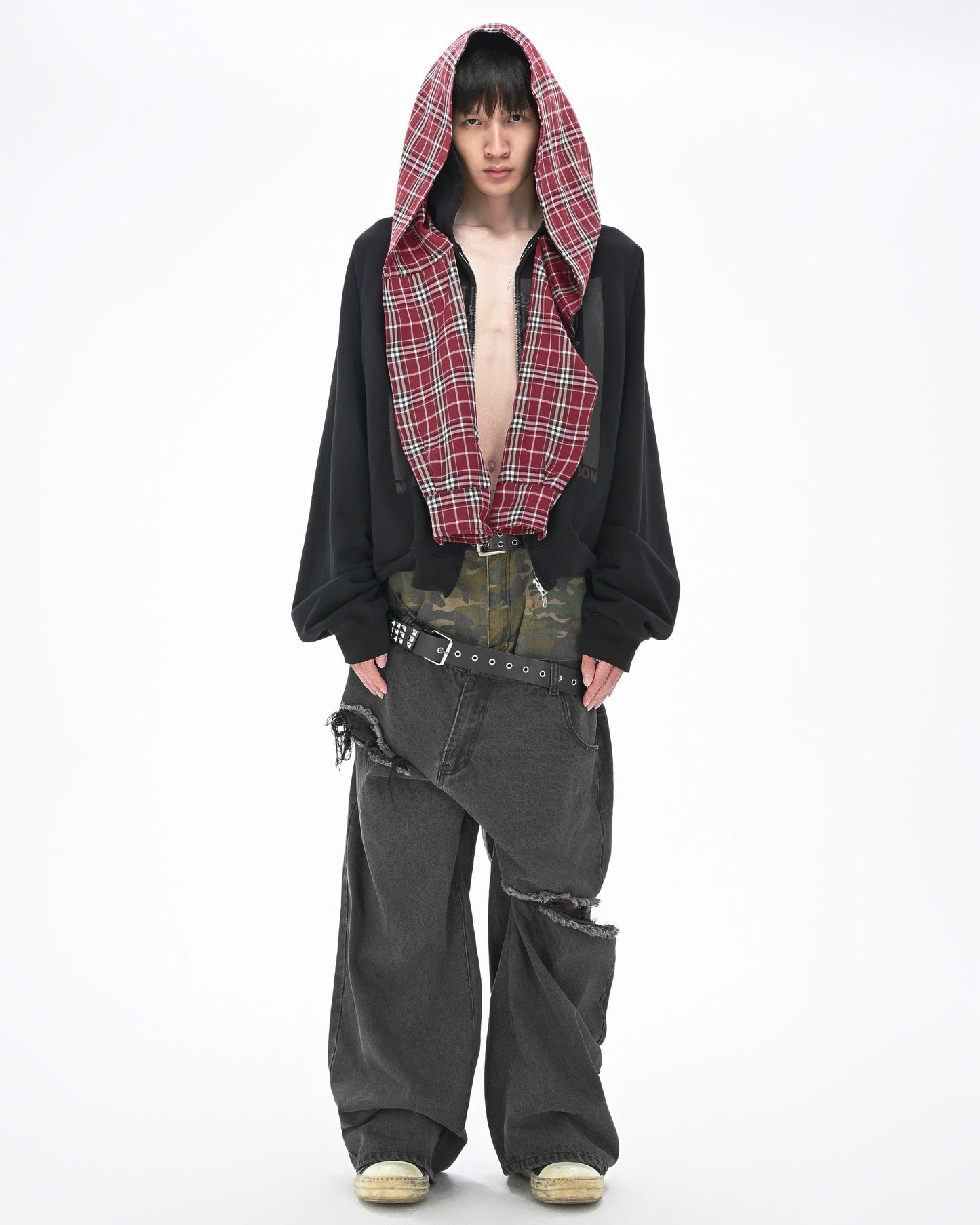 CHECKERED SCARF ZIP HOODIE - Faded Black