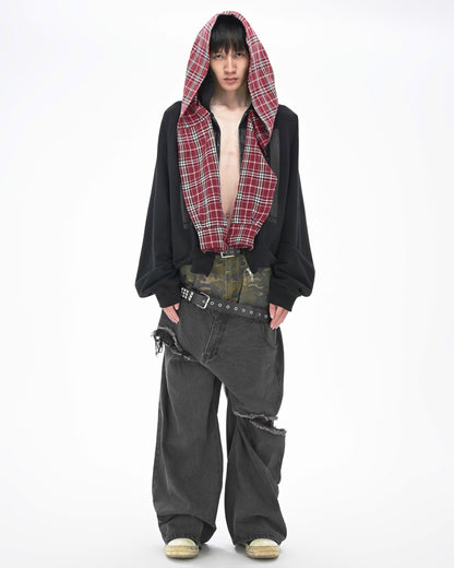 CHECKERED SCARF ZIP HOODIE - Faded Black