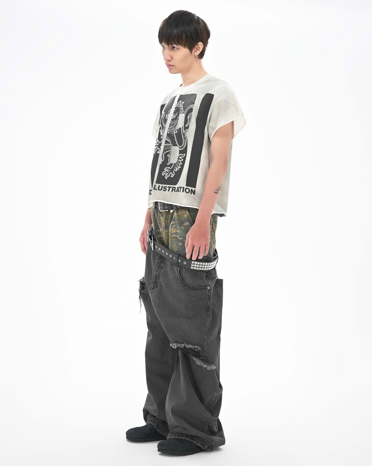 DOUBLE WAISTED SAGGY PANTS - Faded Black & Green Camo