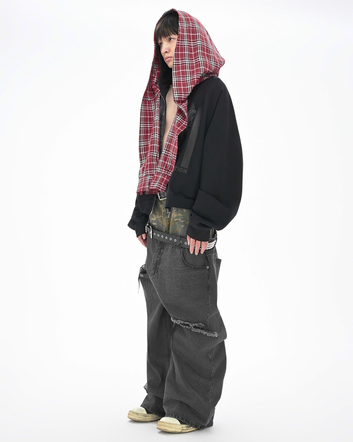 CHECKERED SCARF ZIP HOODIE - Faded Black