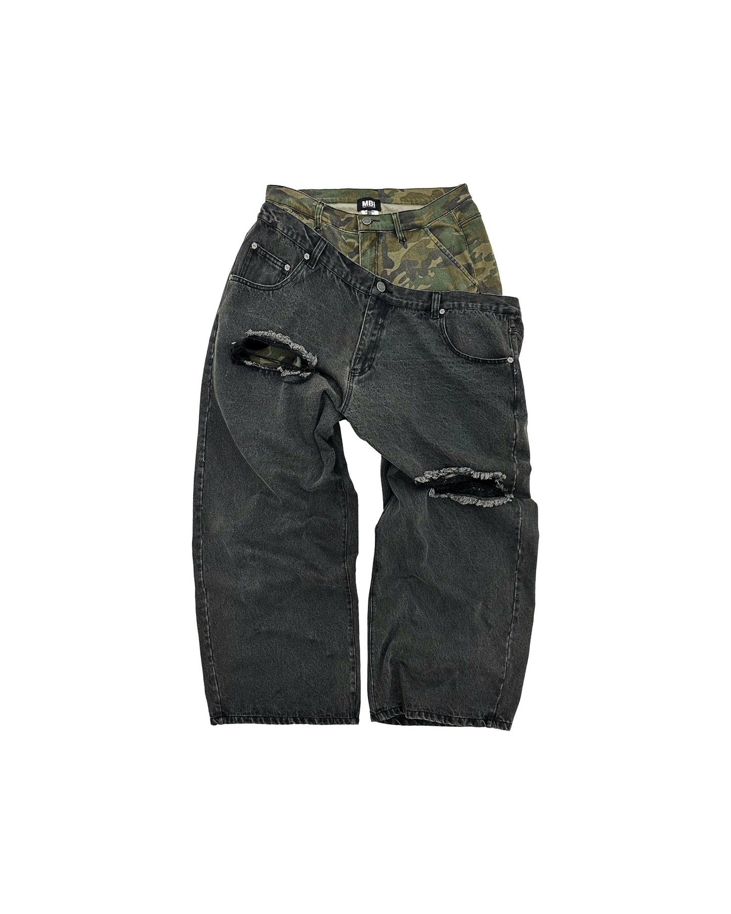 DOUBLE WAISTED SAGGY PANTS - Faded Black & Green Camo