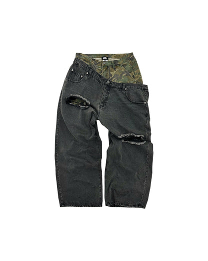 DOUBLE WAISTED SAGGY PANTS - Faded Black & Green Camo