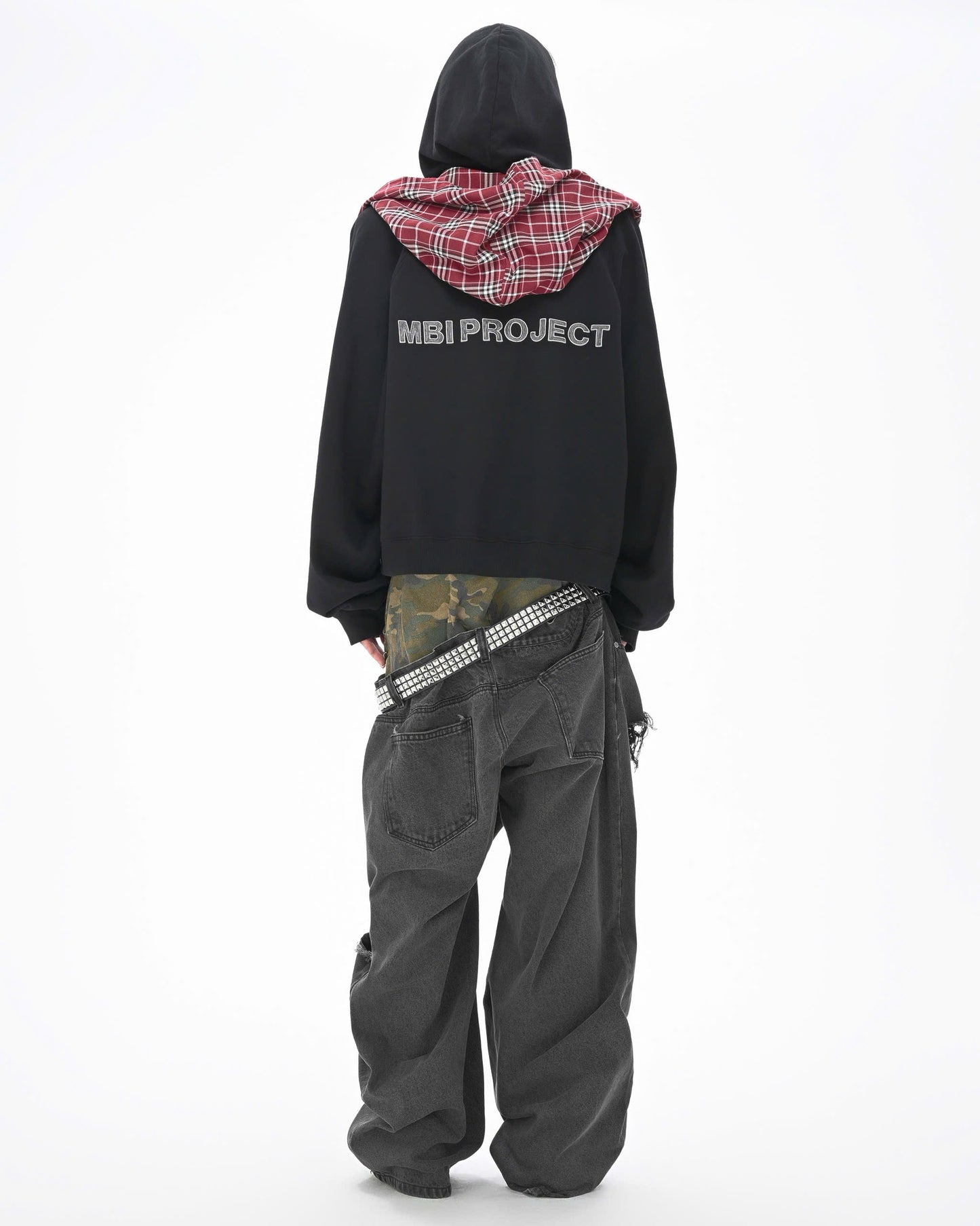 CHECKERED SCARF ZIP HOODIE - Faded Black