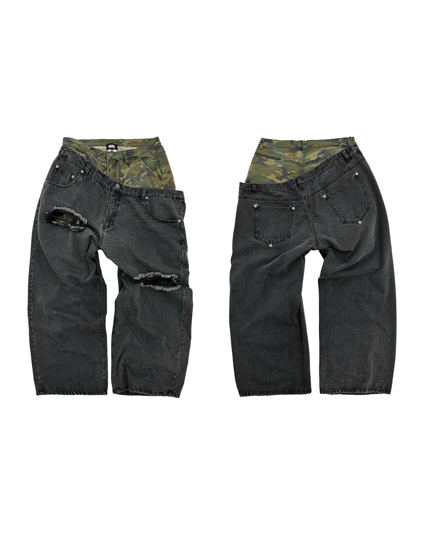 DOUBLE WAISTED SAGGY PANTS - Faded Black & Green Camo