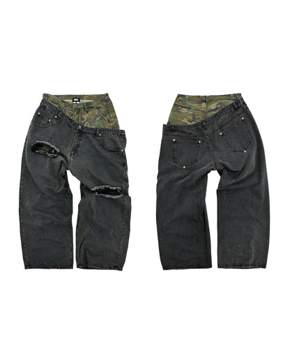 DOUBLE WAISTED SAGGY PANTS - Faded Black & Green Camo