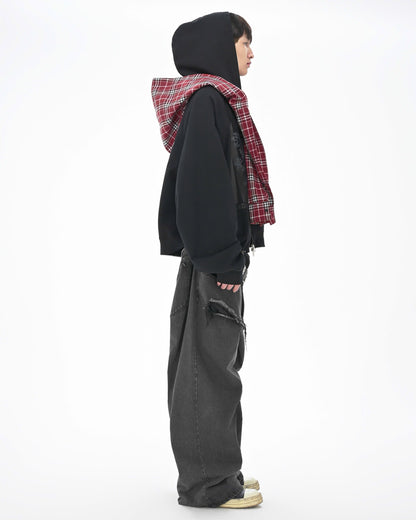 CHECKERED SCARF ZIP HOODIE - Faded Black
