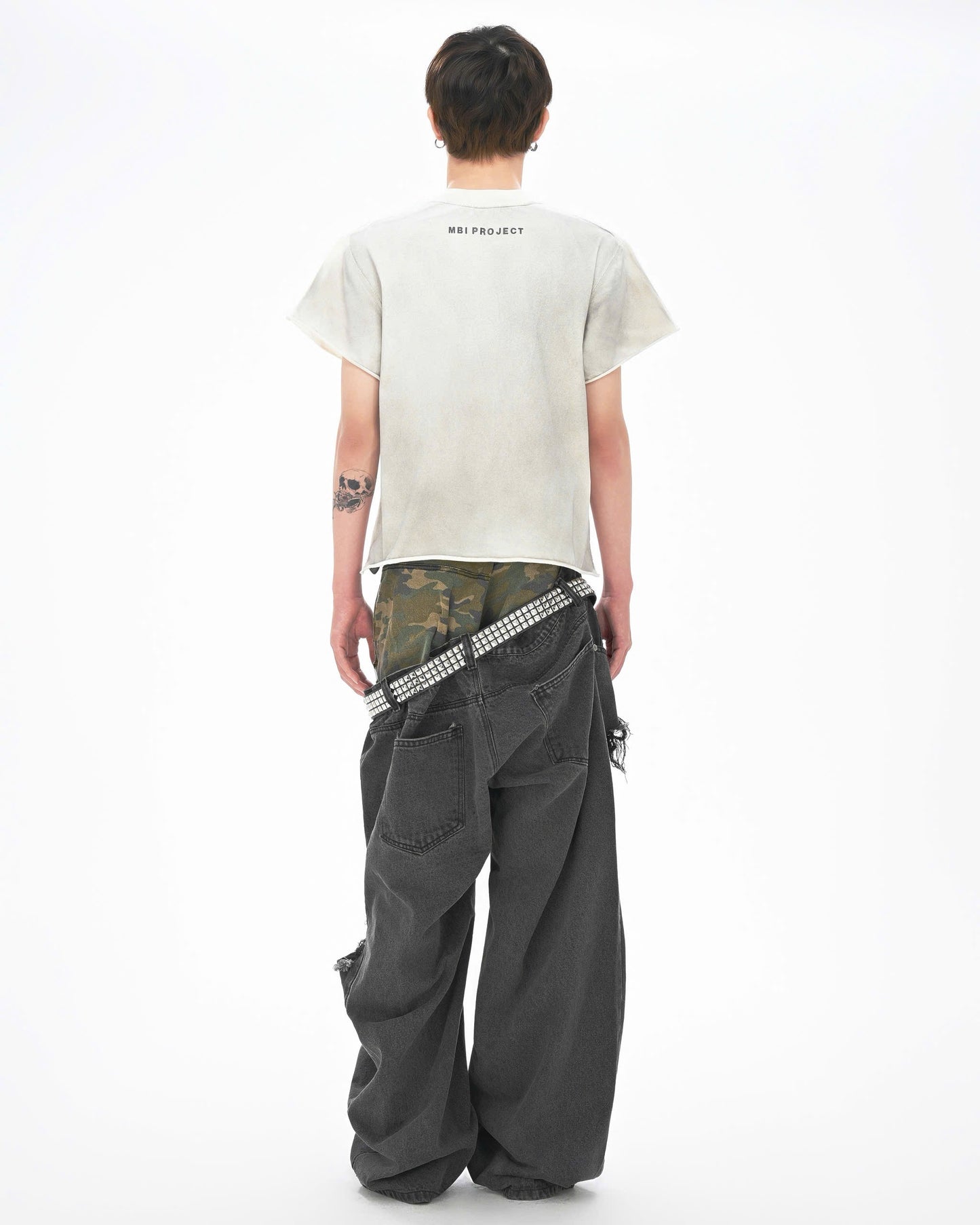 DOUBLE WAISTED SAGGY PANTS - Faded Black & Green Camo