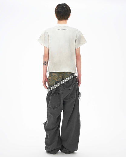 DOUBLE WAISTED SAGGY PANTS - Faded Black & Green Camo