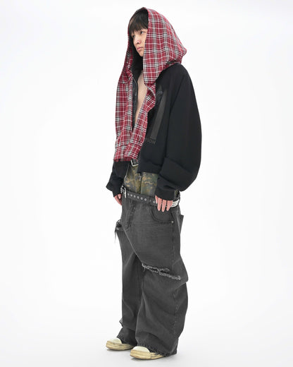 DOUBLE WAISTED SAGGY PANTS - Faded Black & Green Camo