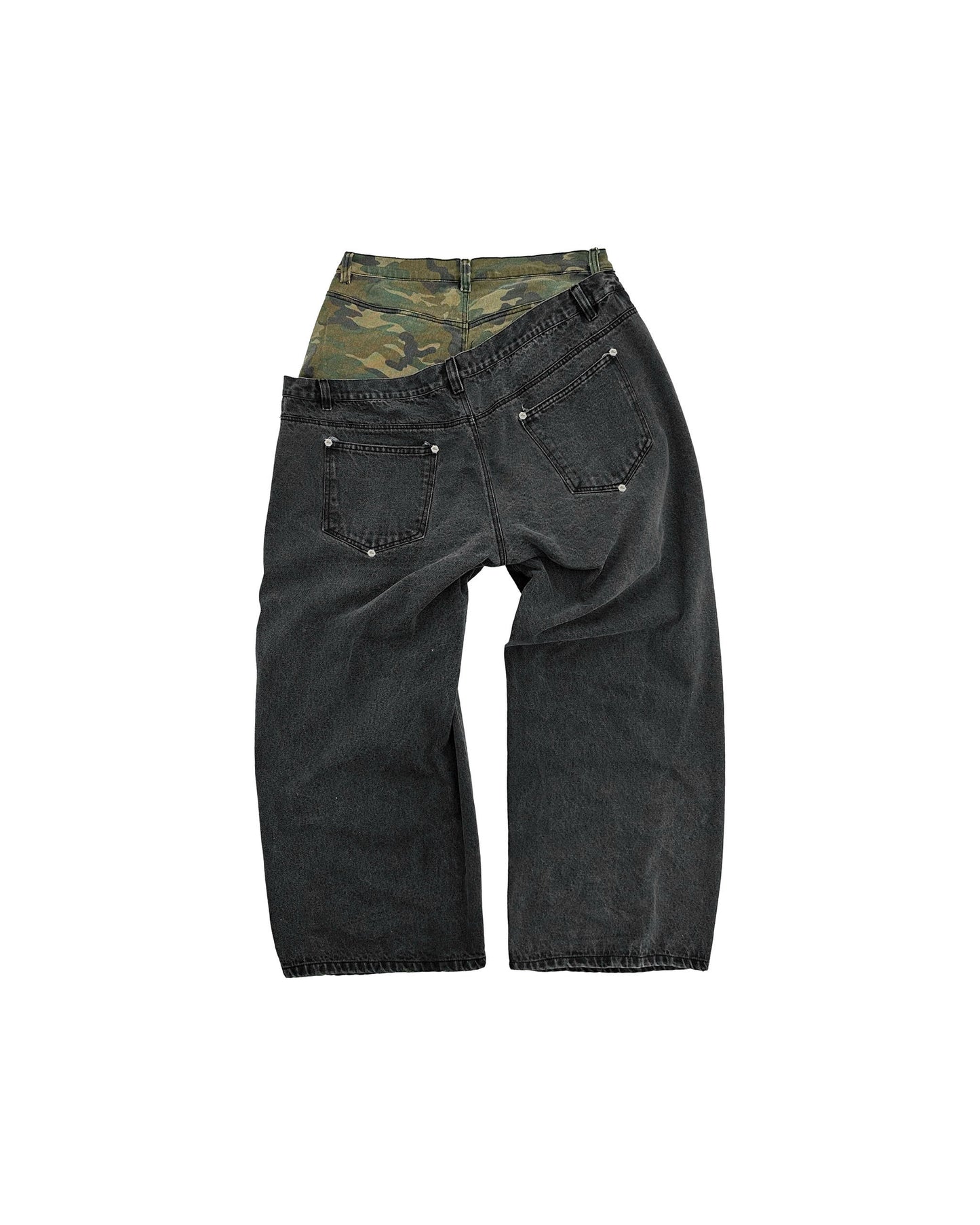 DOUBLE WAISTED SAGGY PANTS - Faded Black & Green Camo