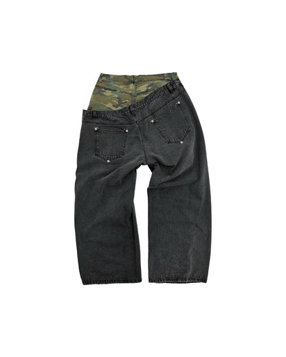 DOUBLE WAISTED SAGGY PANTS - Faded Black & Green Camo
