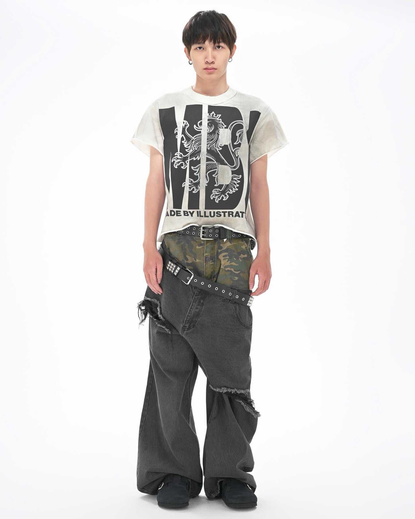 DOUBLE WAISTED SAGGY PANTS - Faded Black & Green Camo