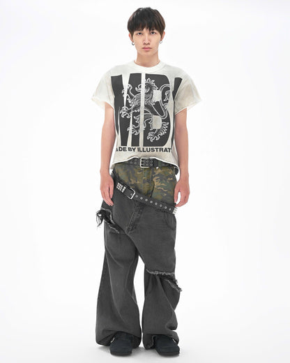 DOUBLE WAISTED SAGGY PANTS - Faded Black & Green Camo